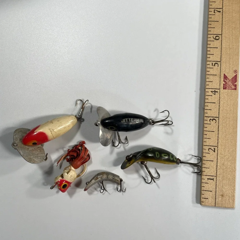 Vintage Lure Lot Heddon Tiny Tad Lure Jitterbug Tackle Hooks Fishing Old Antique